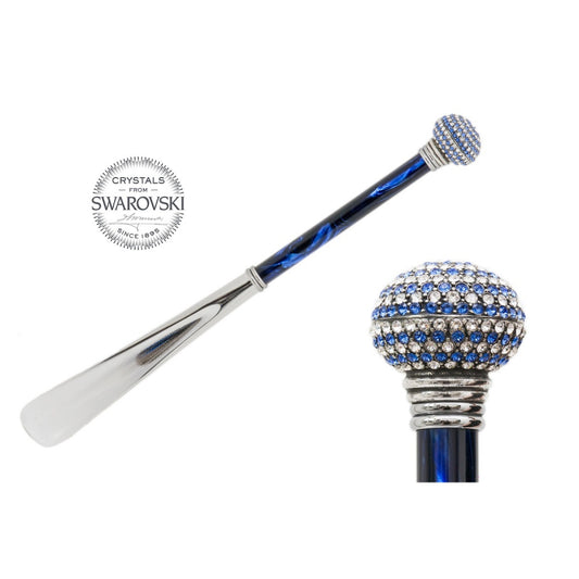 Pasotti luxury shoehorn with blue and white Swarovski crystals, full view