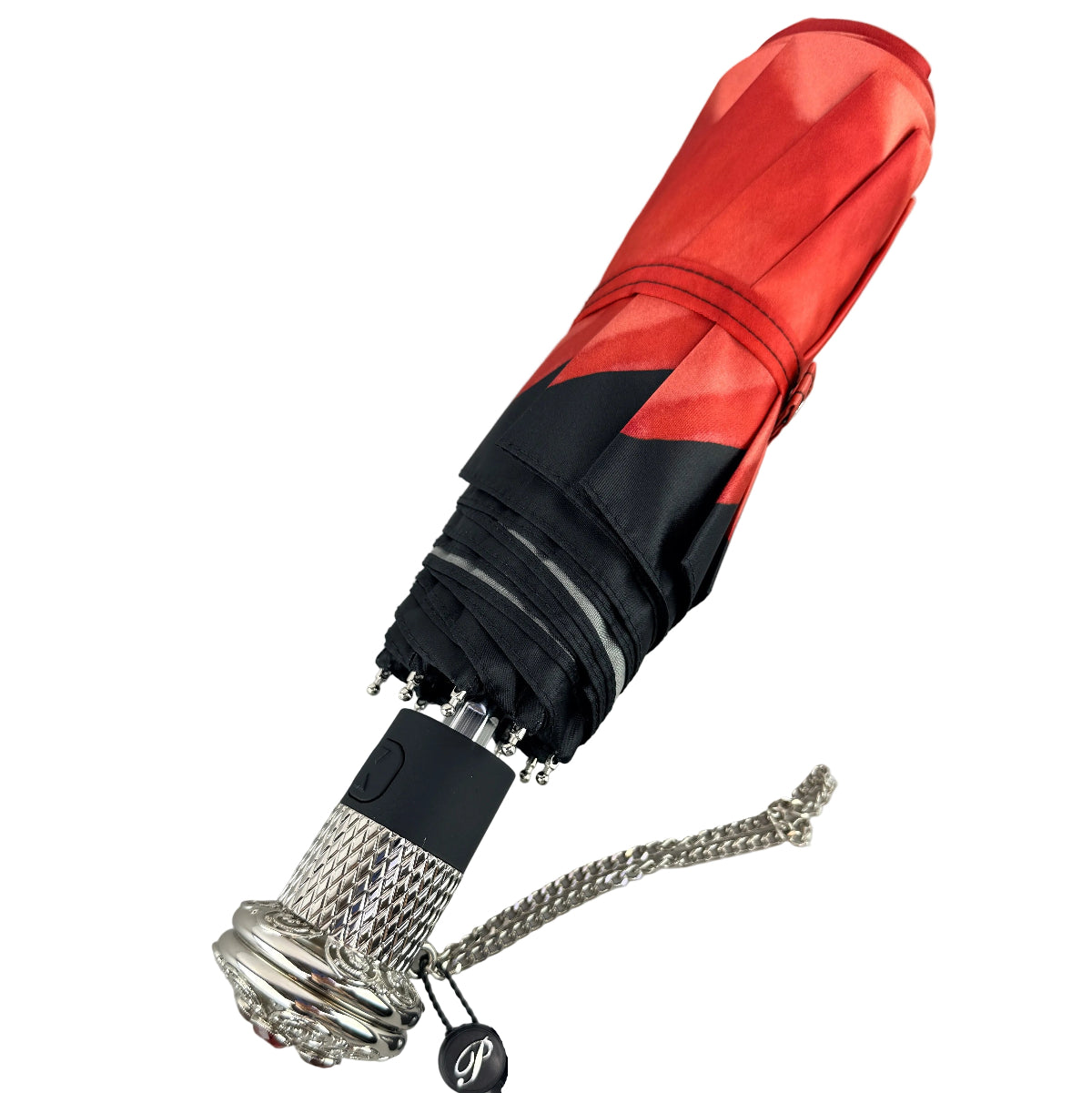 Pasotti red and black umbrella with silver handle on a light gray background