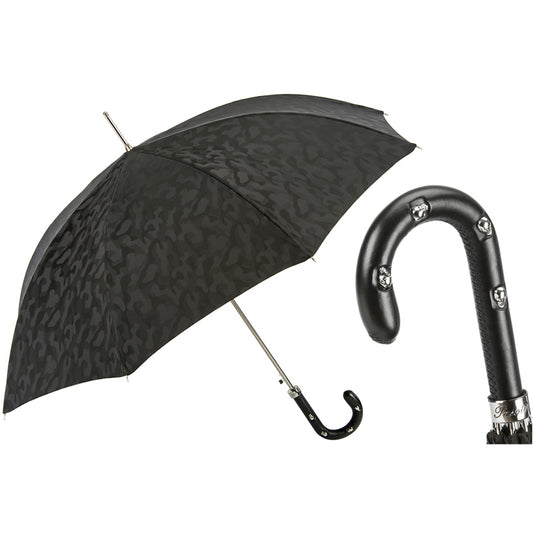 Pasotti designer black camouflage umbrella with leather handle and skull rivets