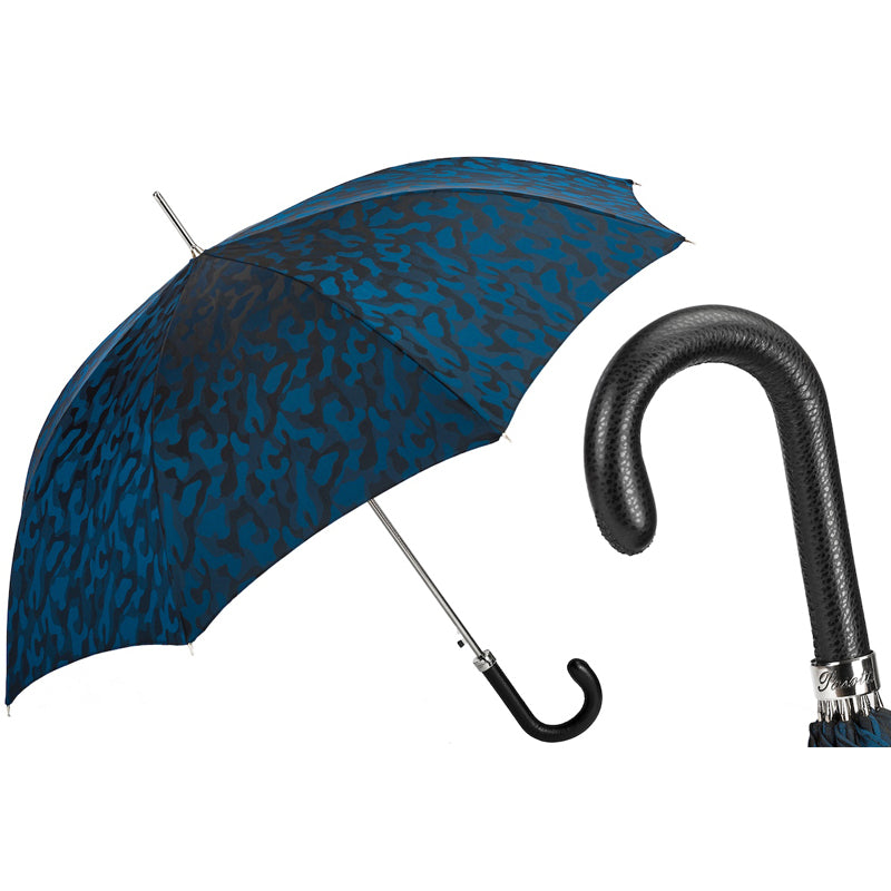 Pasotti designer blue camouflage umbrella with leather handle