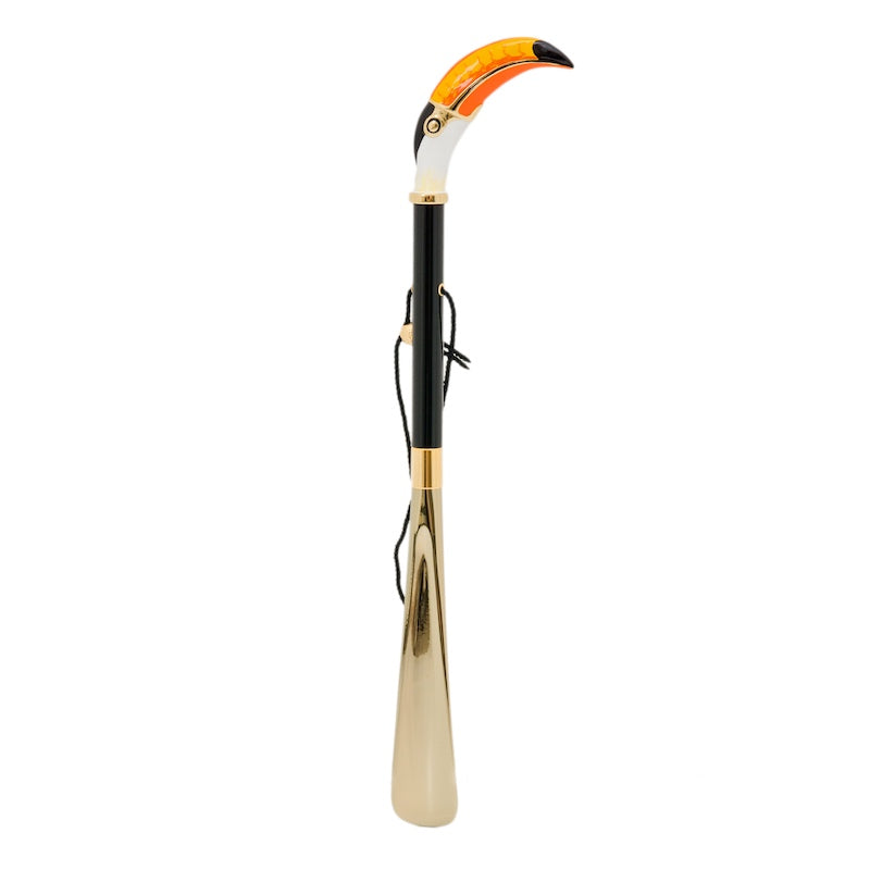 Pasotti Toucan shoehorn with vibrant enamel handle on a white background
