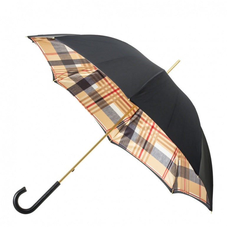 Pasotti black tartan cane umbrella with double-layer canopy and leather handle