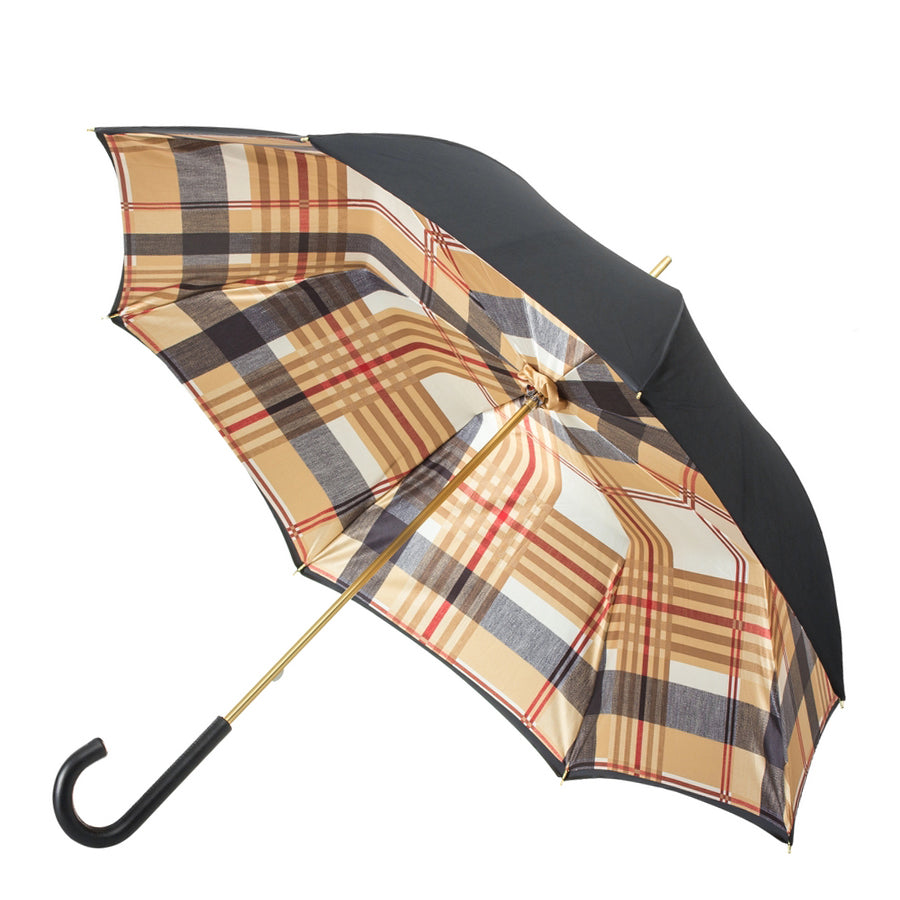 Pasotti black cane umbrella with classic tartan interior