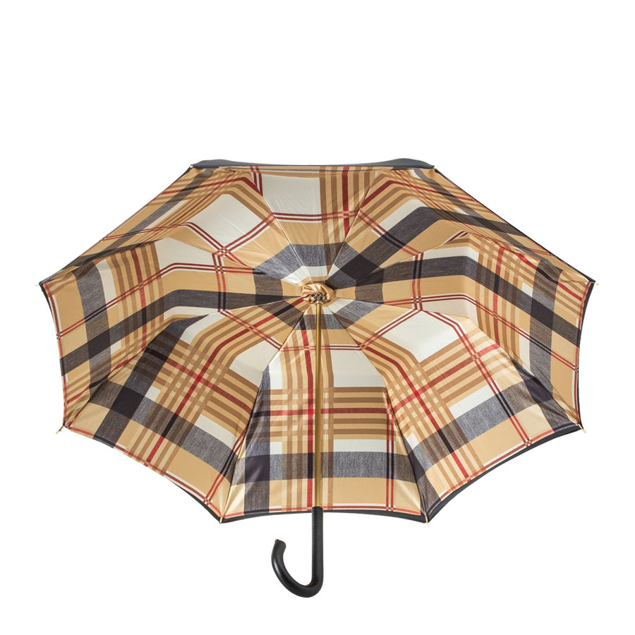 Open Pasotti black umbrella showing tartan-lined double canopy