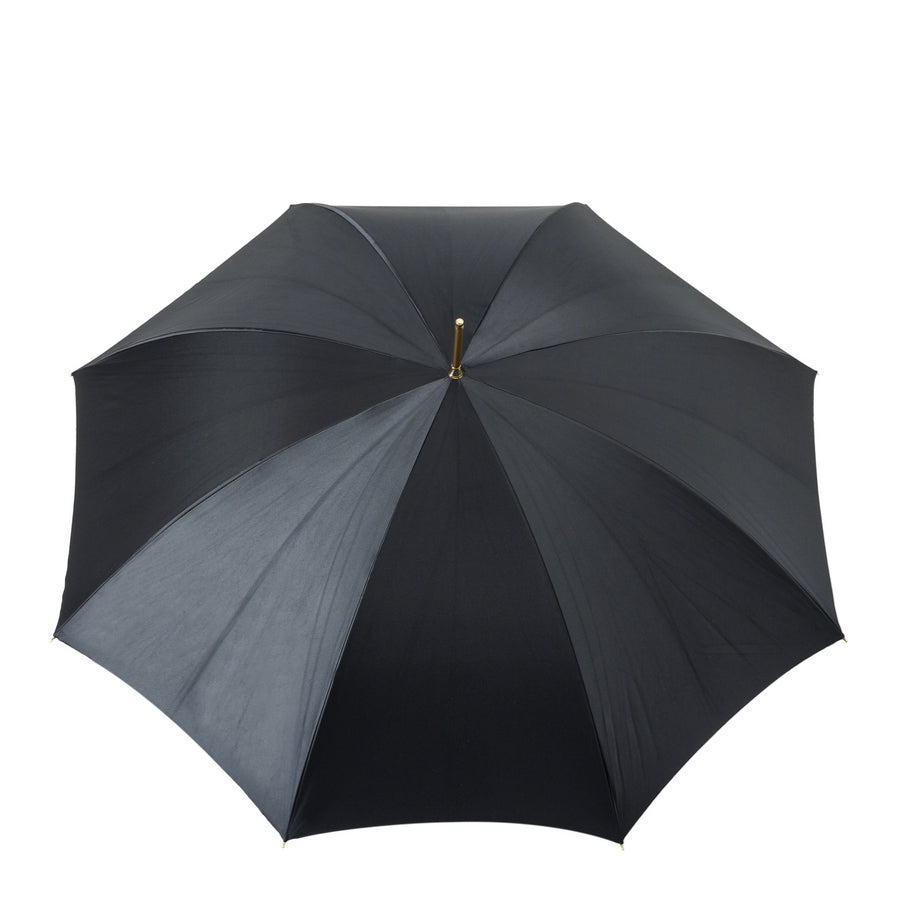 Leather handle detail of Pasotti black tartan cane umbrella