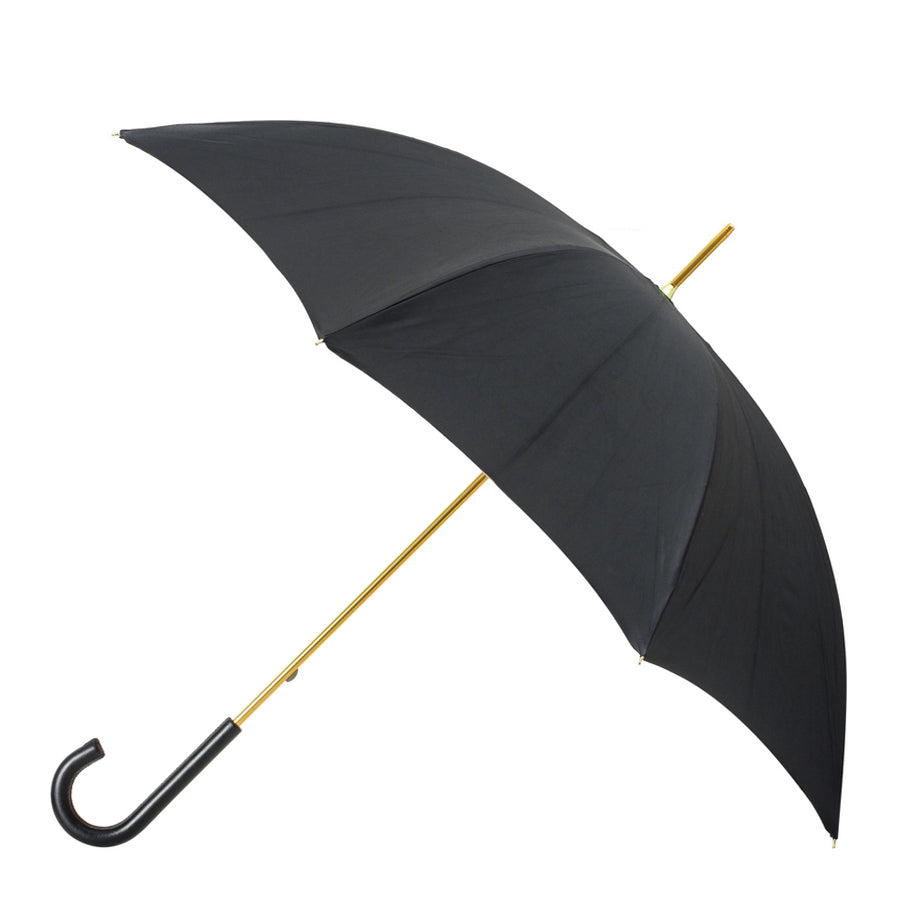 Closed Pasotti black cane umbrella with elegant leather handle