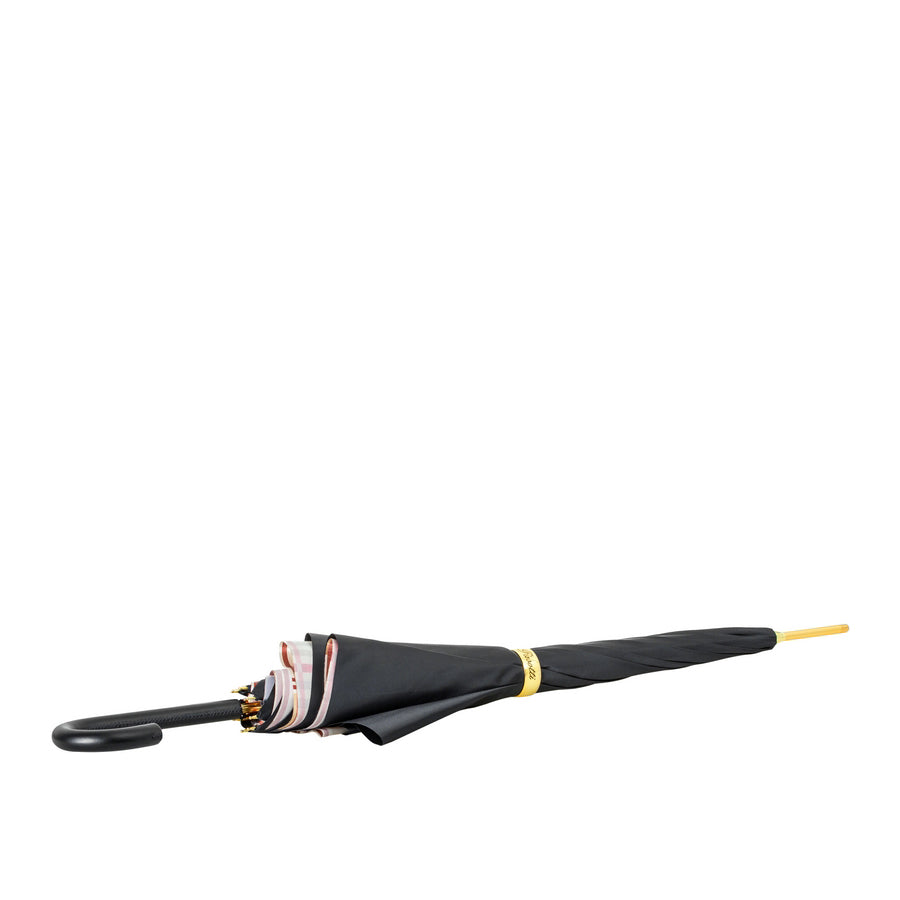 Pasotti black cane umbrella with leather handle and tartan interior