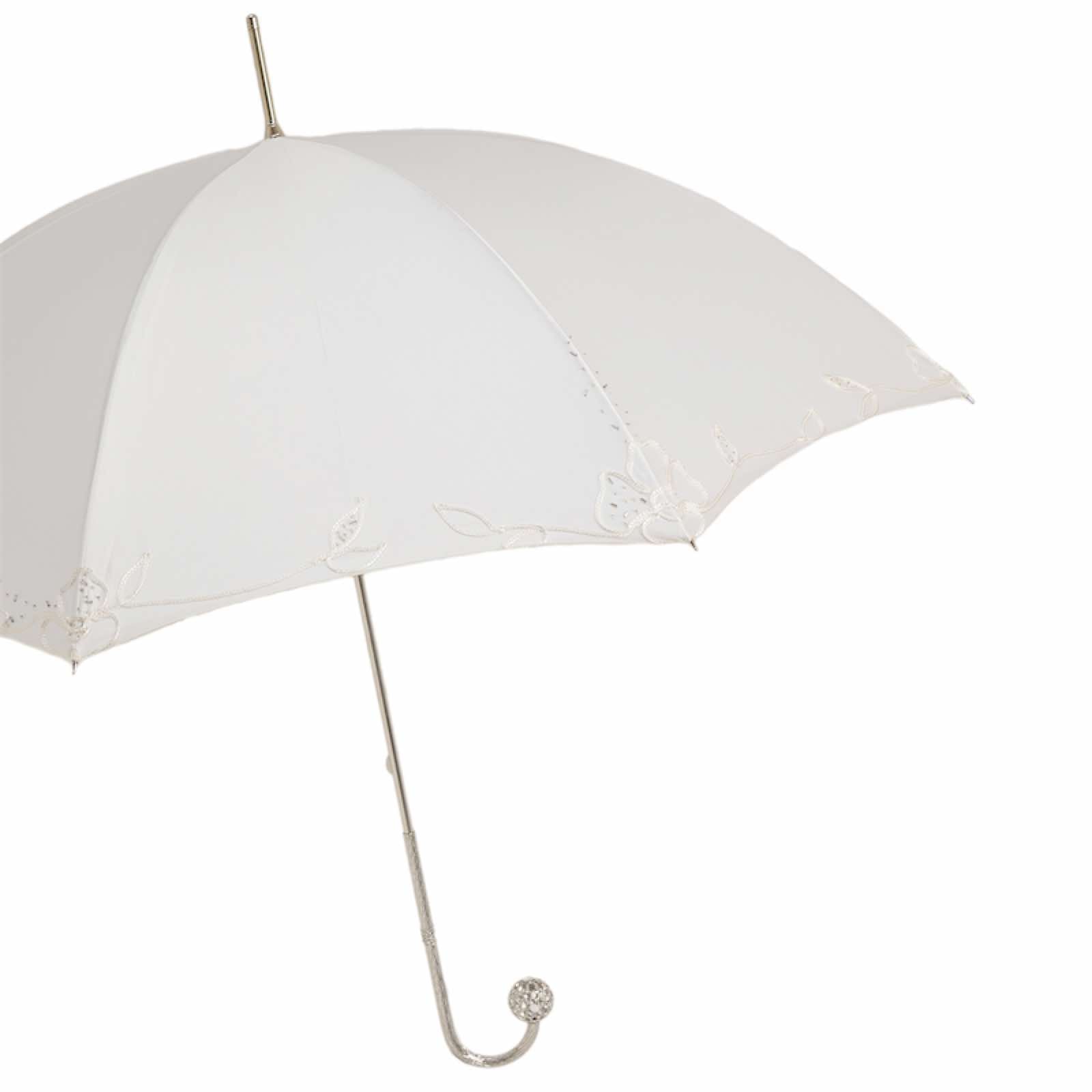 Side view of Pasotti white wedding umbrella with embroidered canopy
