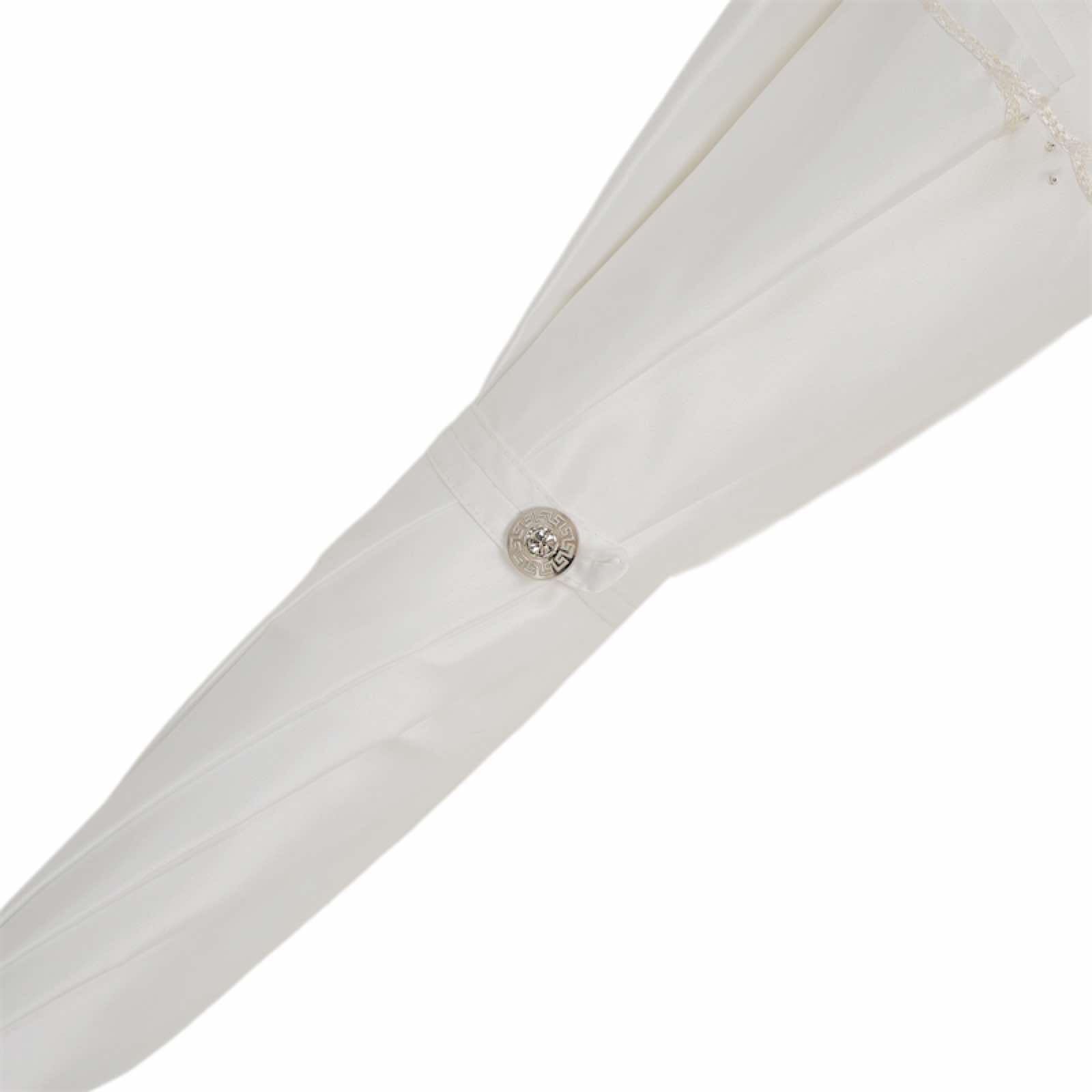 Close-up of closure strap on Pasotti white wedding umbrella 177N PLAT-1 P17