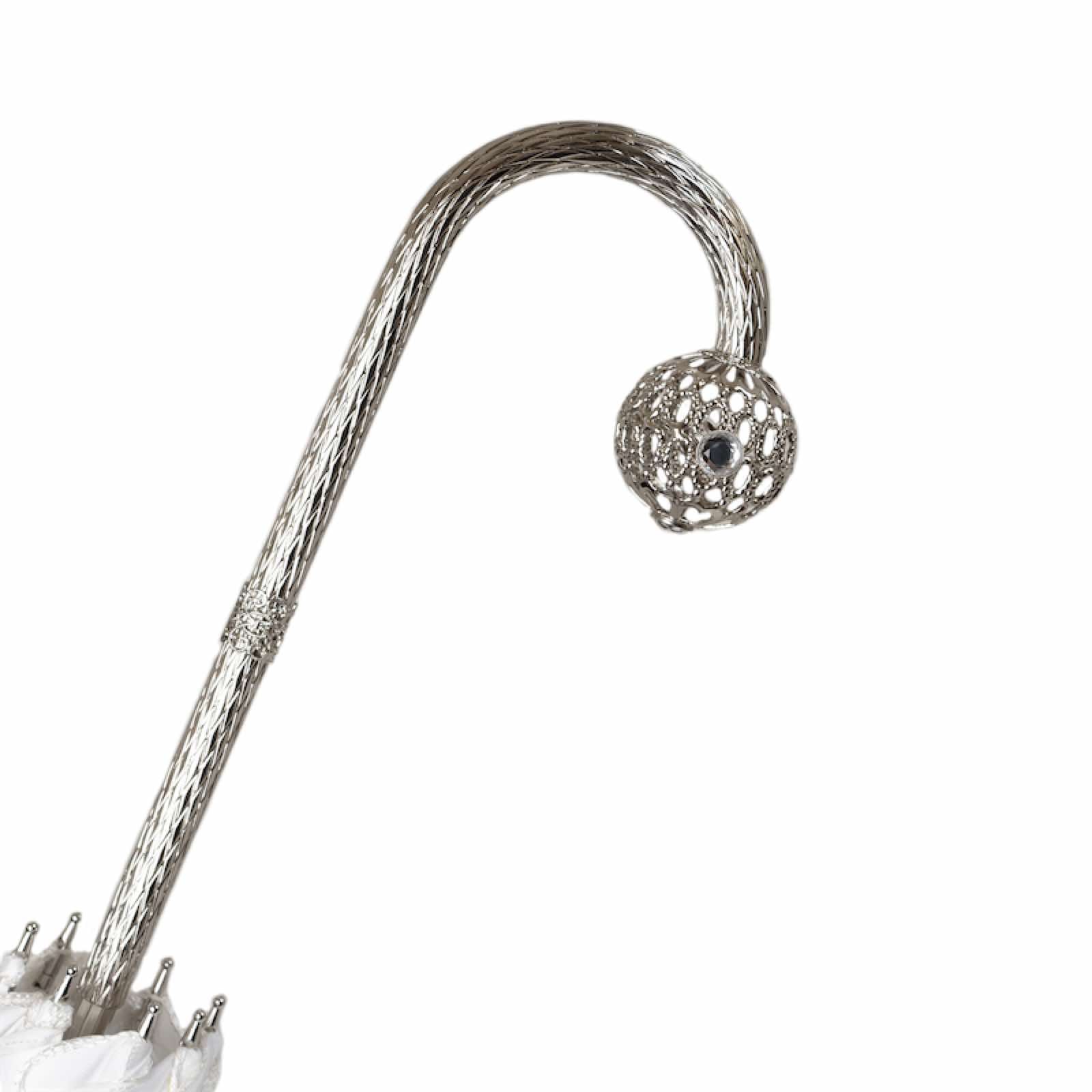 Full view of jeweled curved handle on Pasotti wedding umbrella