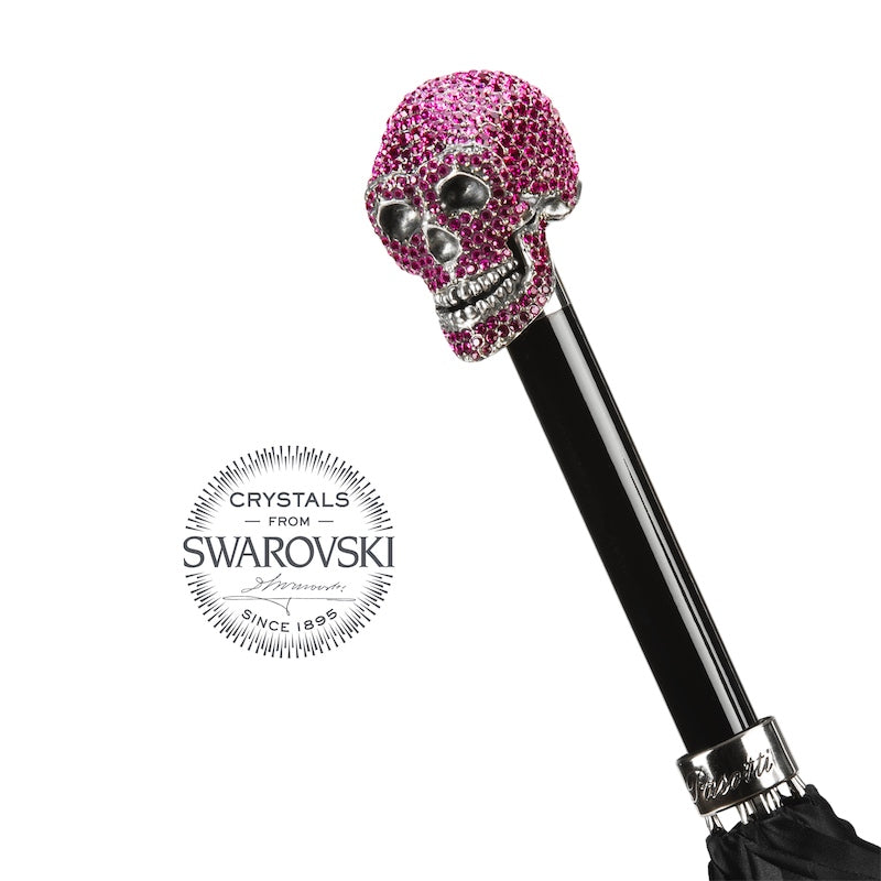 Premium damesparaplu met rozen onder een zwarte koepel en een spectaculaire Skull-greep met Swarovski®-kristallen