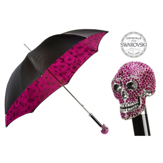 Premium women's umbrella with roses under a black dome and a spectacular Skull handle with Swarovski® crystals