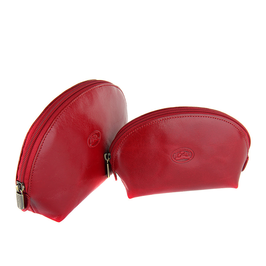 Two red leather pouches with zippers on a white background