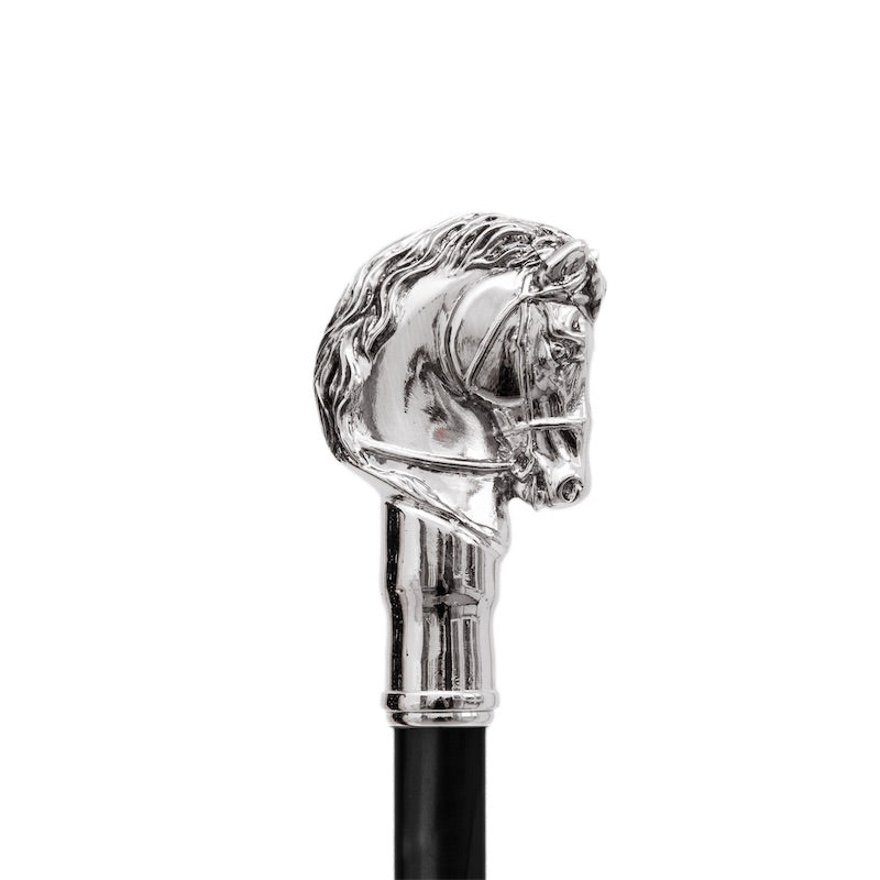 Close-up of the sculpted silver-tone horse-head handle of the Pasotti CS W41 shoehorn