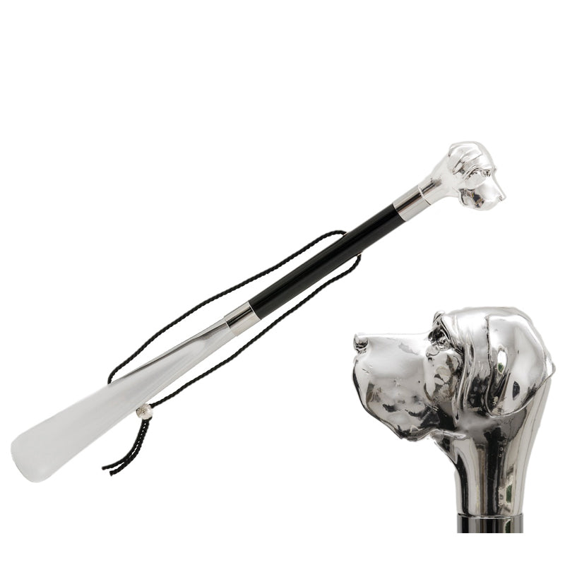 Pasotti Silver Labrador shoehorn with black wood shaft — full view