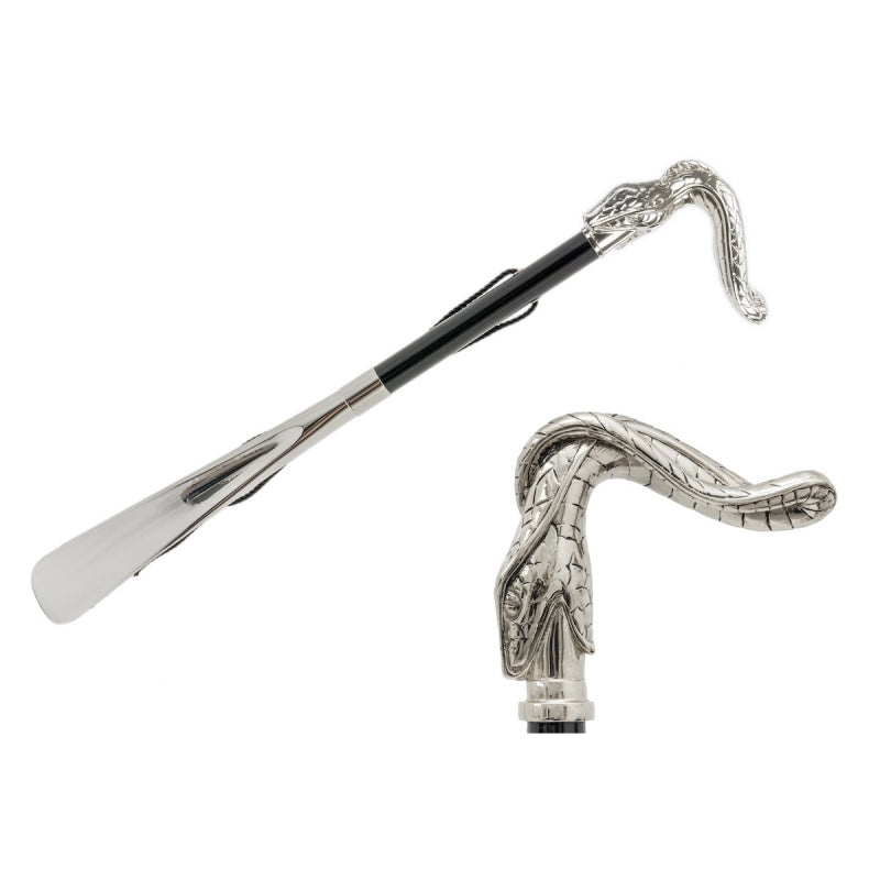 Pasotti shoehorn with a silver-colored snake-shaped handle, beech wood shaft, and ABS plastic scoop