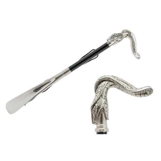 Pasotti shoehorn with a silver-colored snake-shaped handle, beech wood shaft, and ABS plastic scoop