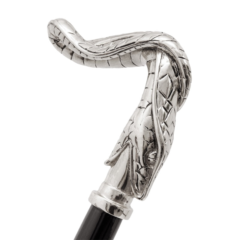 Close-up of the Pasotti shoehorn’s silver-colored snake-shaped handle