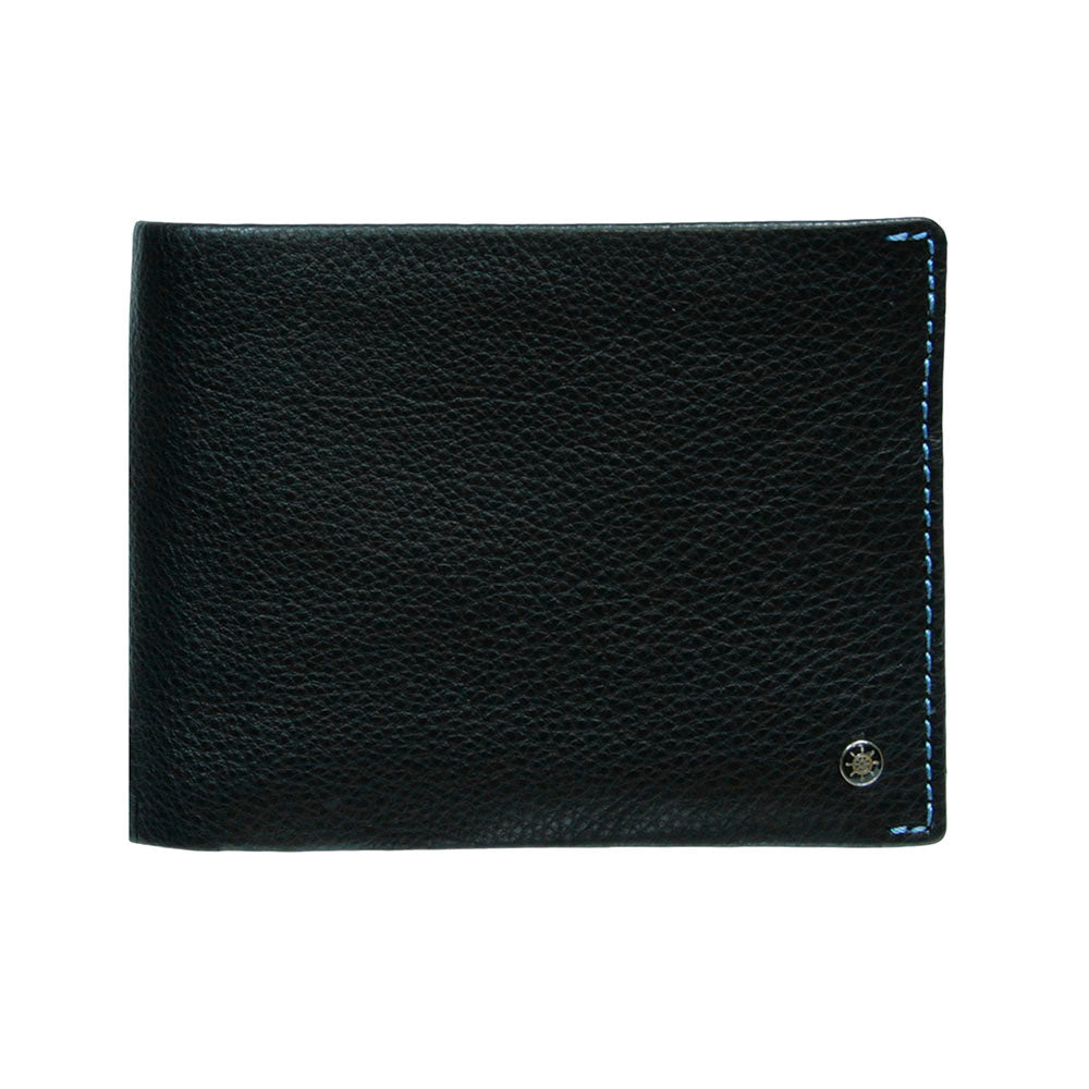 Tony Perotti Timone 11012 black leather bifold wallet, front view with ship's wheel emblem and blue stitching