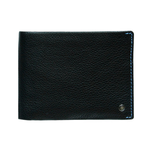 Tony Perotti Timone 11012 black leather bifold wallet, front view with ship's wheel emblem and blue stitching