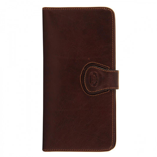 Tony Perotti brown leather travel wallet on a white background