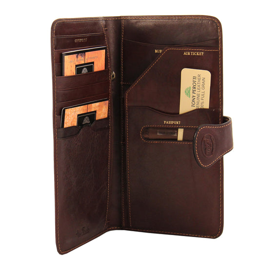 Tony Perotti brown leather travel wallet with multiple card slots and a passport holder on a white background