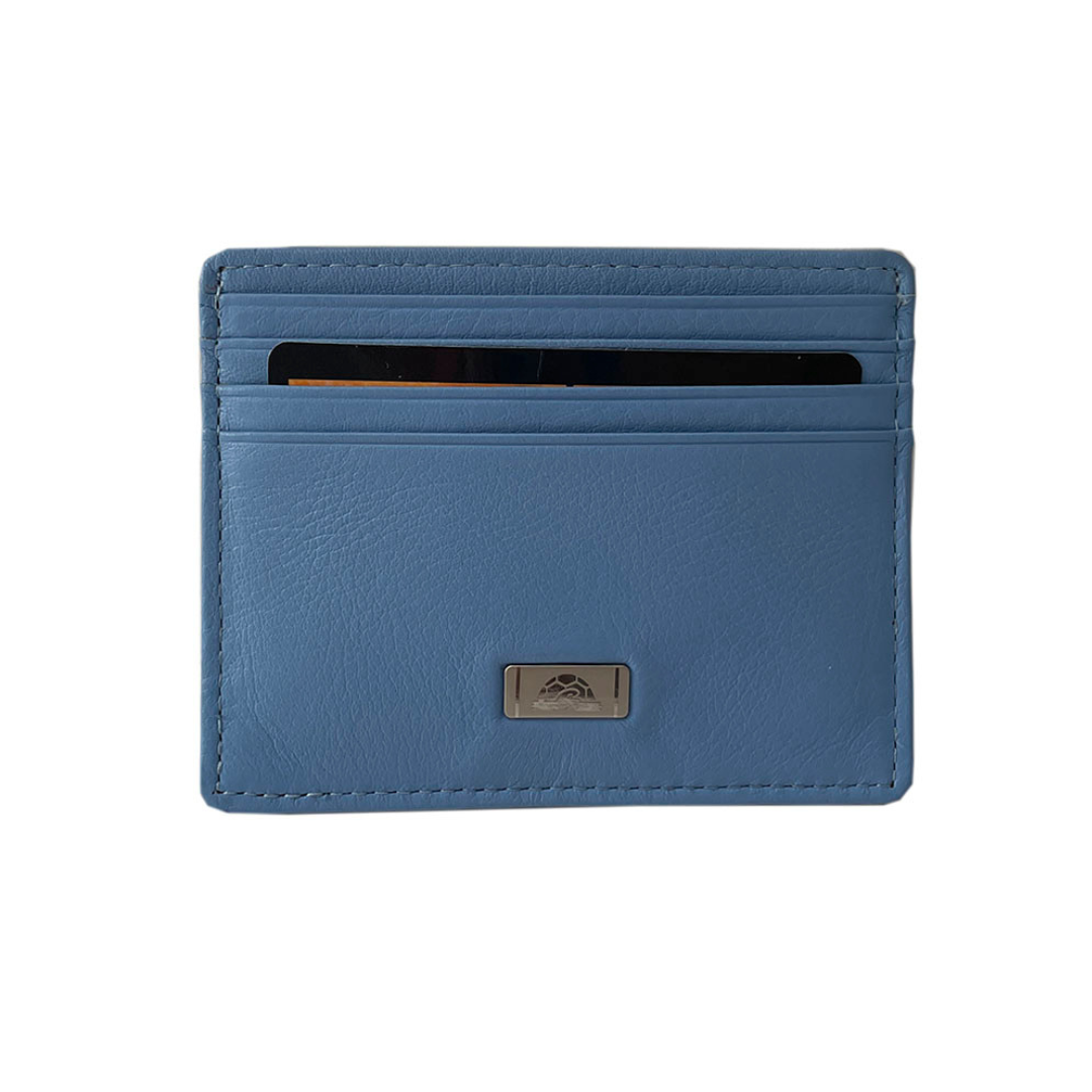 Blue leather slim card holder Tony Perotti Contatto 2236N baby front view with three card slots and metal Tony Perotti plate
