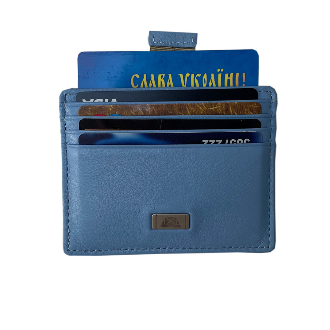Blue leather card holder Tony Perotti Contatto 2236N baby filled with cards and the central compartment lifted by its woven pull strap
