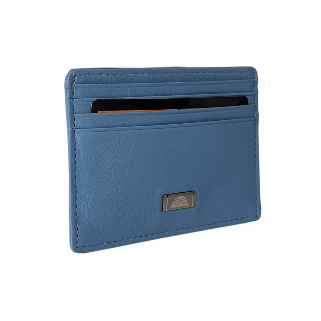 Blue leather card holder Tony Perotti Contatto 2236N baby at an angle showing its slim profile and tonal stitching