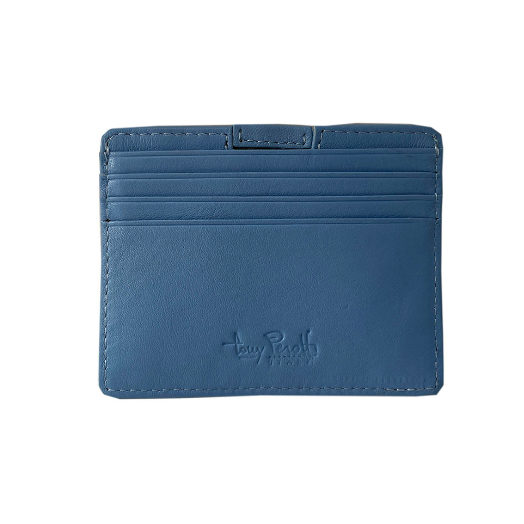 Reverse side of the blue leather card holder Tony Perotti Contatto 2236N baby with three card slots and embossed Tony Perotti Firenze signature