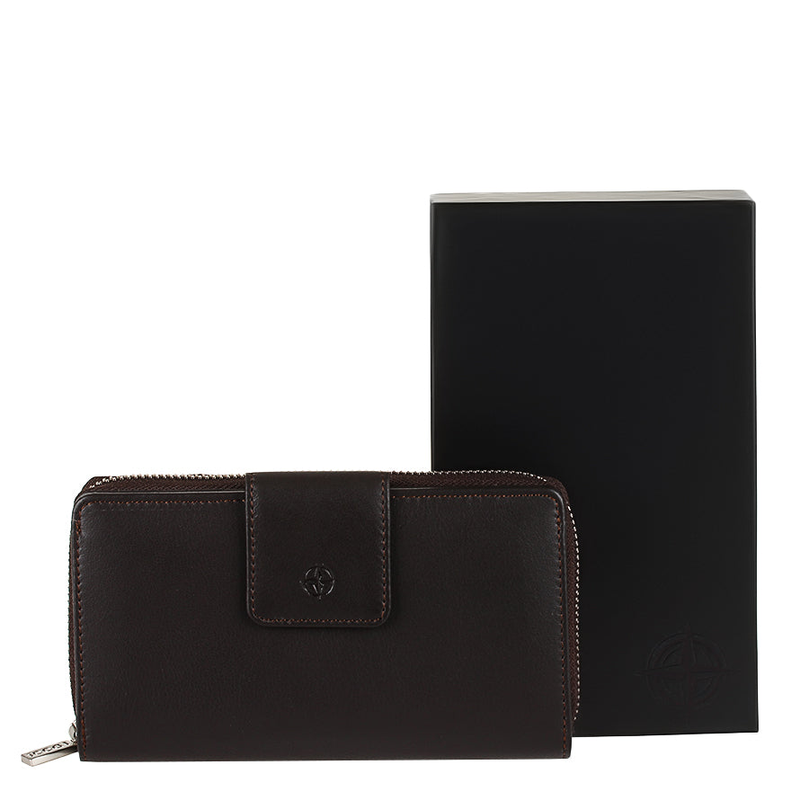 Tony Perotti Dark Brown Leather Organizer Wallet with Zip Closure — Cortina 5084 moro