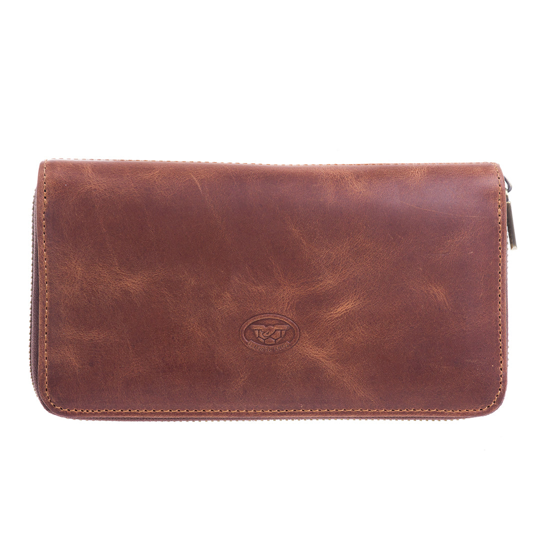 Tony Perotti brown vintage-look leather zip-around wallet on a white background