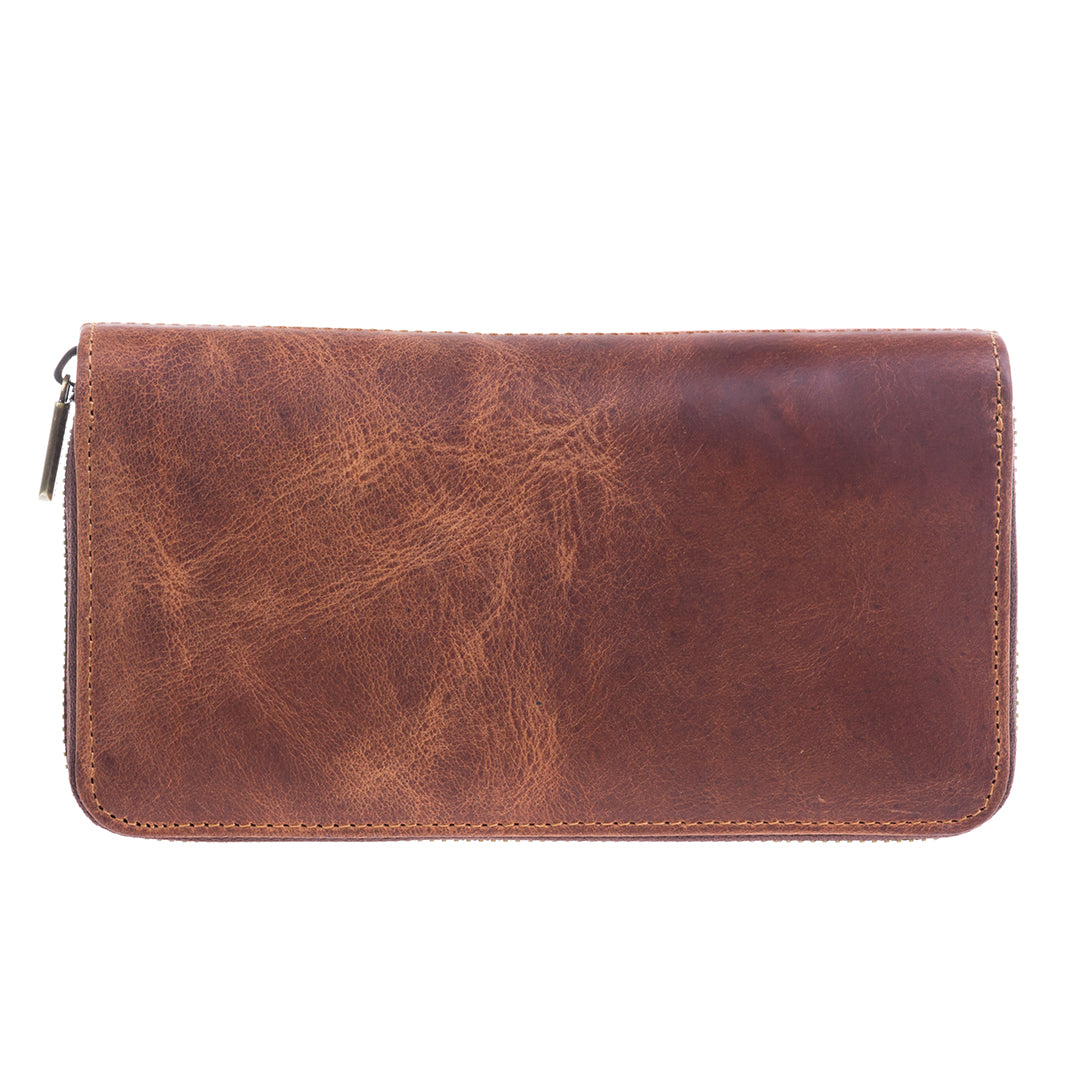 Tony Perotti brown vintage-look leather zip-around wallet on a white background