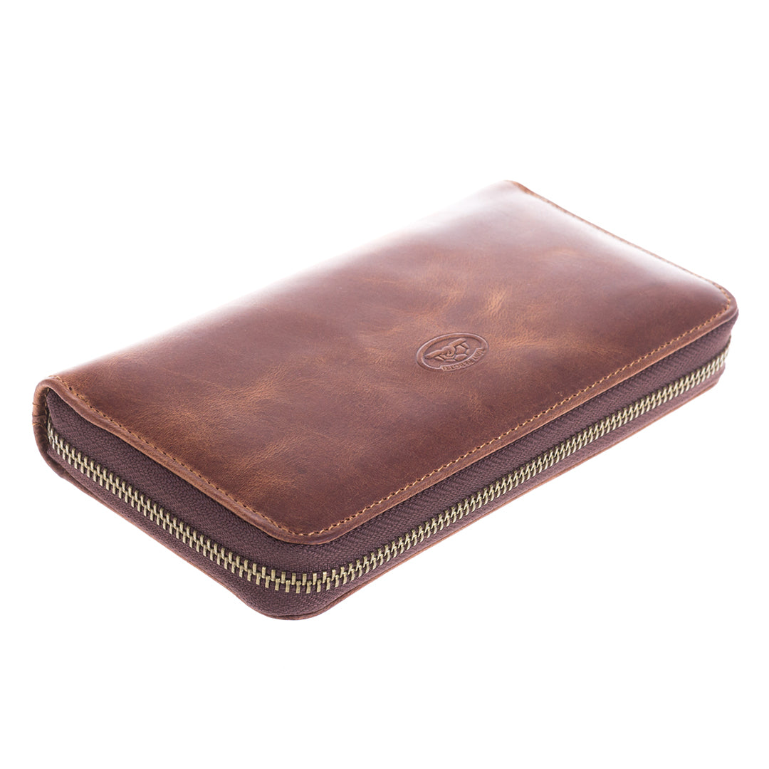 Tony Perotti brown vintage-look leather wallet with a zipper on a white background
