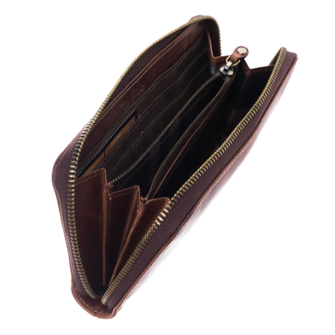 Tony Perotti brown leather zip-around wallet with gold zipper on a white background