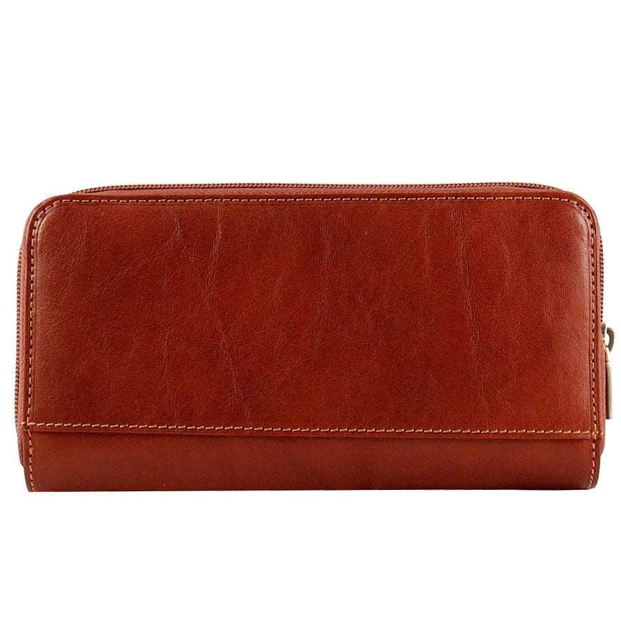 Tony Perotti Women’s Cognac Leather Zip-Around Wallet with Flap Card Compartment — Italico 1192 Cognac