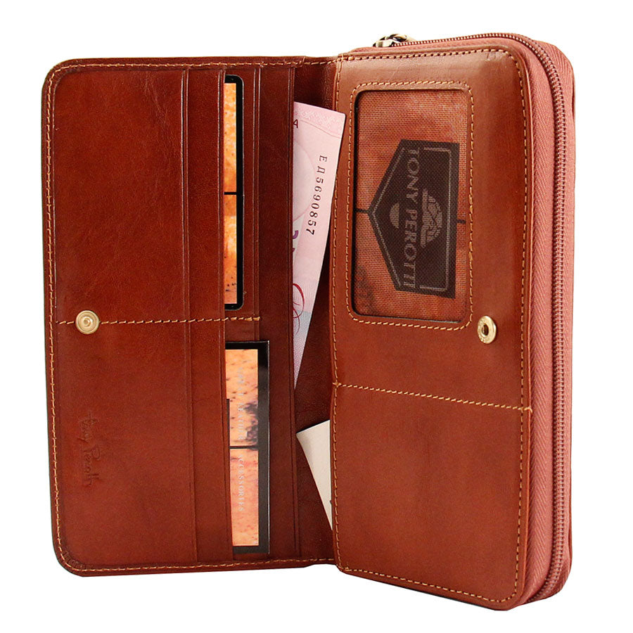 Tony Perotti Women’s Cognac Leather Zip-Around Wallet with Flap Card Compartment — Italico 1192 Cognac