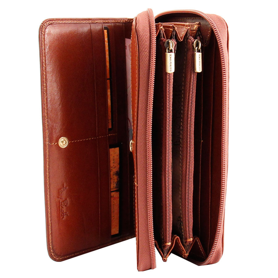 Tony Perotti Women’s Cognac Leather Zip-Around Wallet with Flap Card Compartment — Italico 1192 Cognac