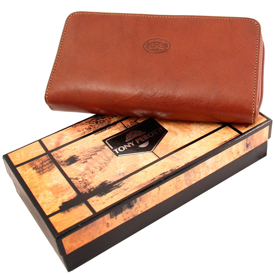 Tony Perotti Women’s Cognac Leather Zip-Around Wallet with Flap Card Compartment — Italico 1192 Cognac