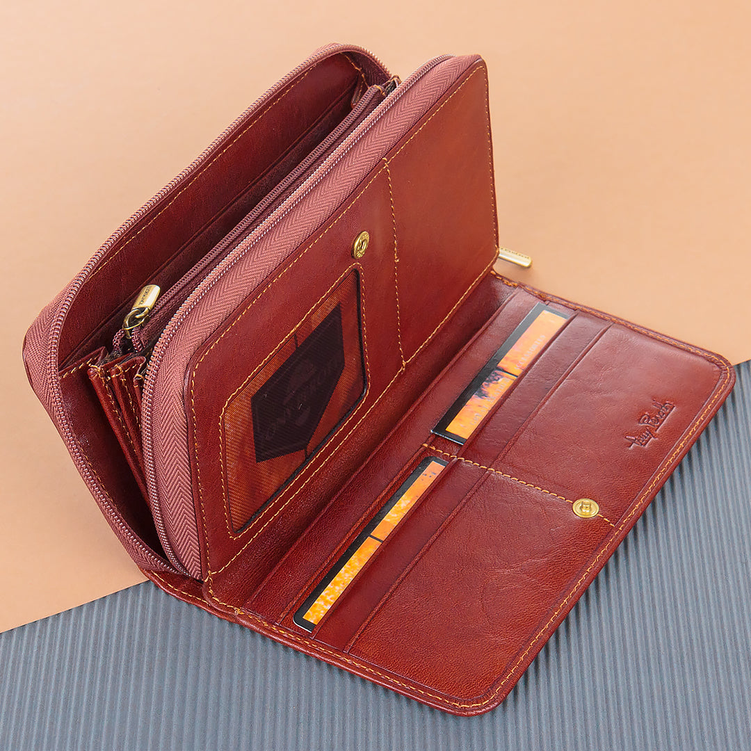 Tony Perotti Women’s Cognac Leather Zip-Around Wallet with Flap Card Compartment — Italico 1192 Cognac
