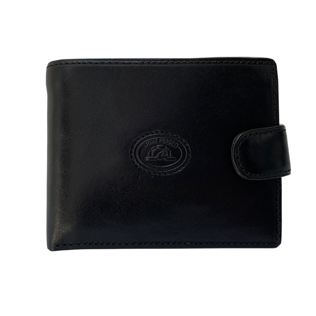 Black Tony Perotti Italico 1842E-A leather bifold wallet seen straight on, closed — the embossed oval badge and the side snap tab