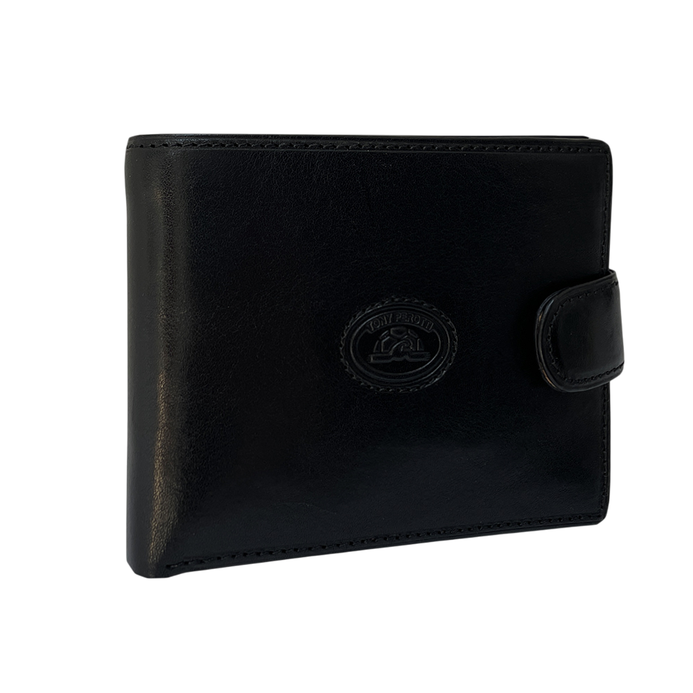Black Tony Perotti Italico 1842E-A bifold wallet standing closed at a three-quarter angle, the snap tab fastened
