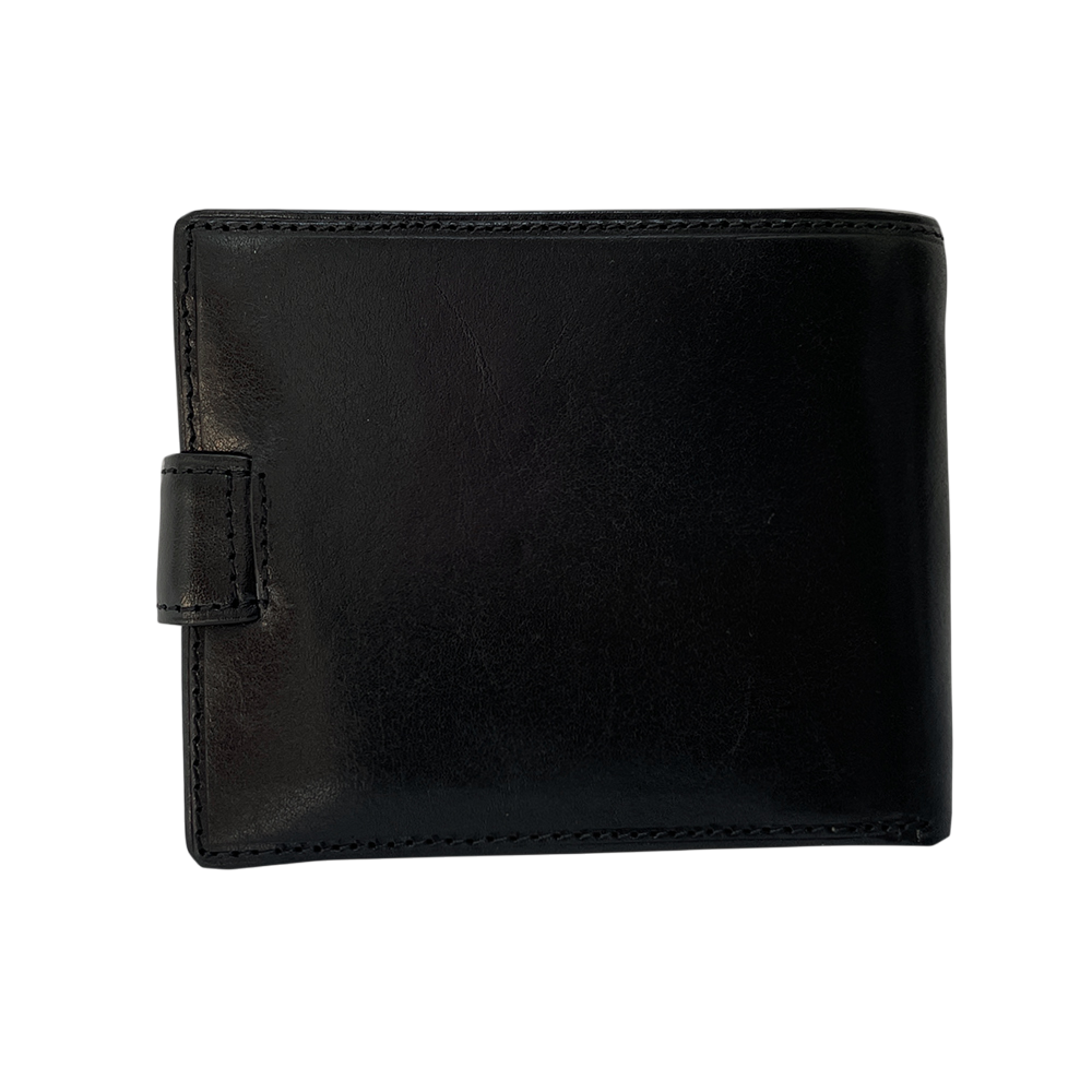 Back of the black Tony Perotti Italico 1842E-A wallet — a plain smooth leather panel with the snap tab at the edge