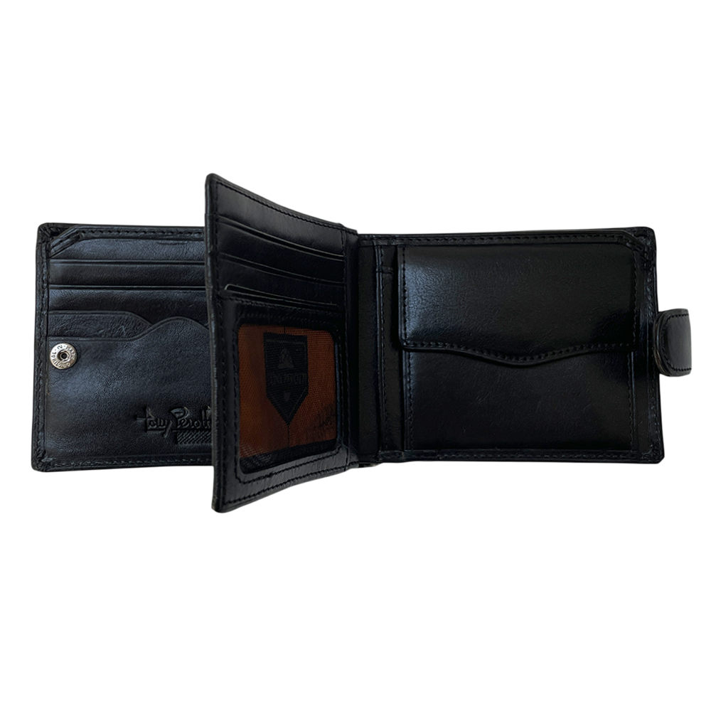 Tony Perotti Italico 1842E-A nero with the inner card panel raised — the document window with the branded insert and the coin pocket on the right