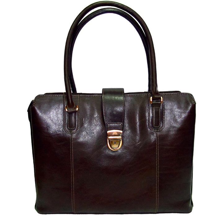 Tony Perotti Italico 9715-40 moro women's dark brown glossy leather laptop bag seen from the front — the centre strap with its bronze push lock and two leather handles