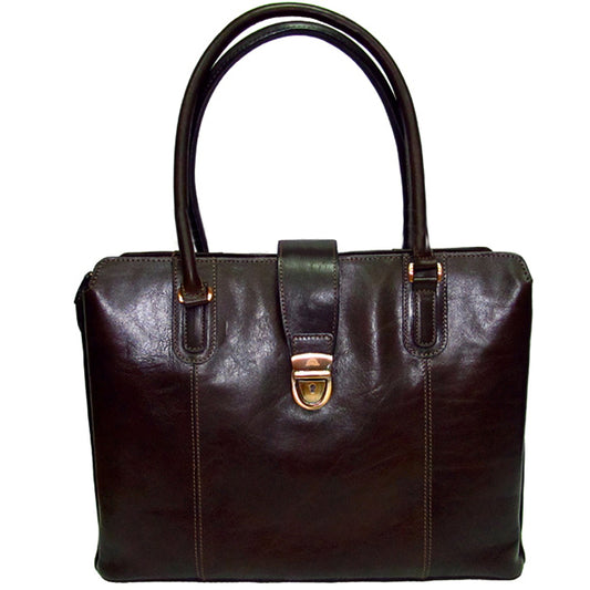 Tony Perotti Italico 9715 moro women's dark brown glossy leather laptop bag seen from the front — the centre strap with its bronze push lock and two leather handles