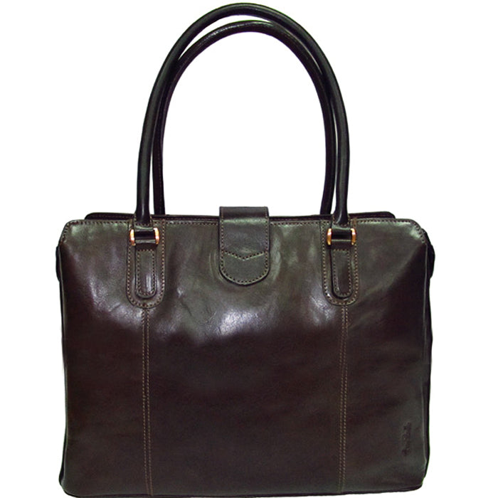 Back of the Tony Perotti Italico 9715-40 moro leather laptop bag — a plain panel with the strap tab and a small embossed Tony Perotti mark in the lower corner