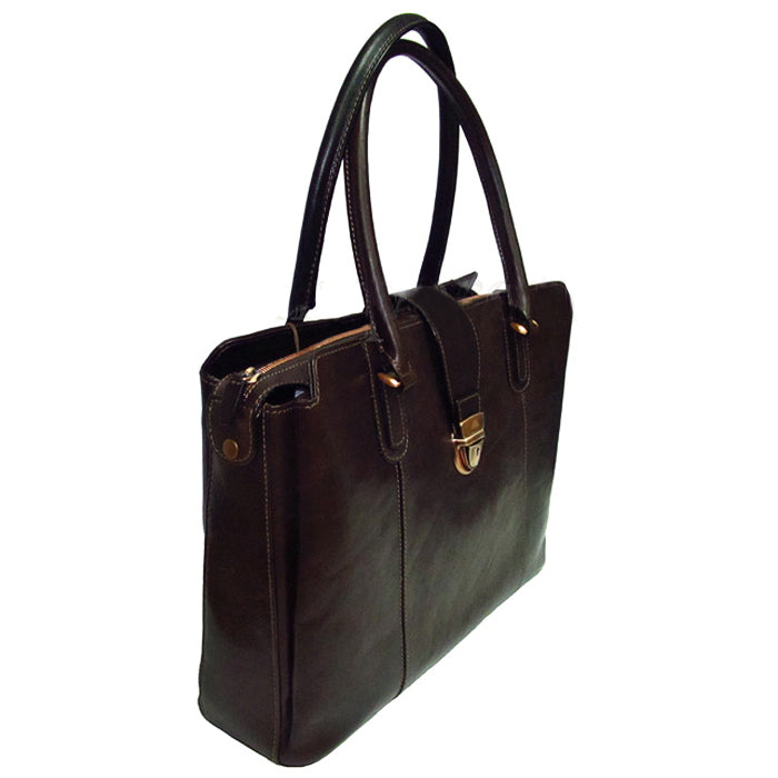 Tony Perotti Italico 9715-40 moro leather laptop bag turned to show the side of the body, the bronze lock on the front strap and the zip of the centre compartment