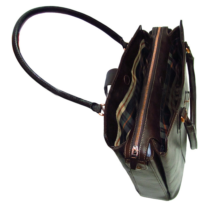 Tony Perotti Italico 9715-40 moro laptop bag seen from above along the side — the zipped centre compartment between the two outer compartments lined in checked textile