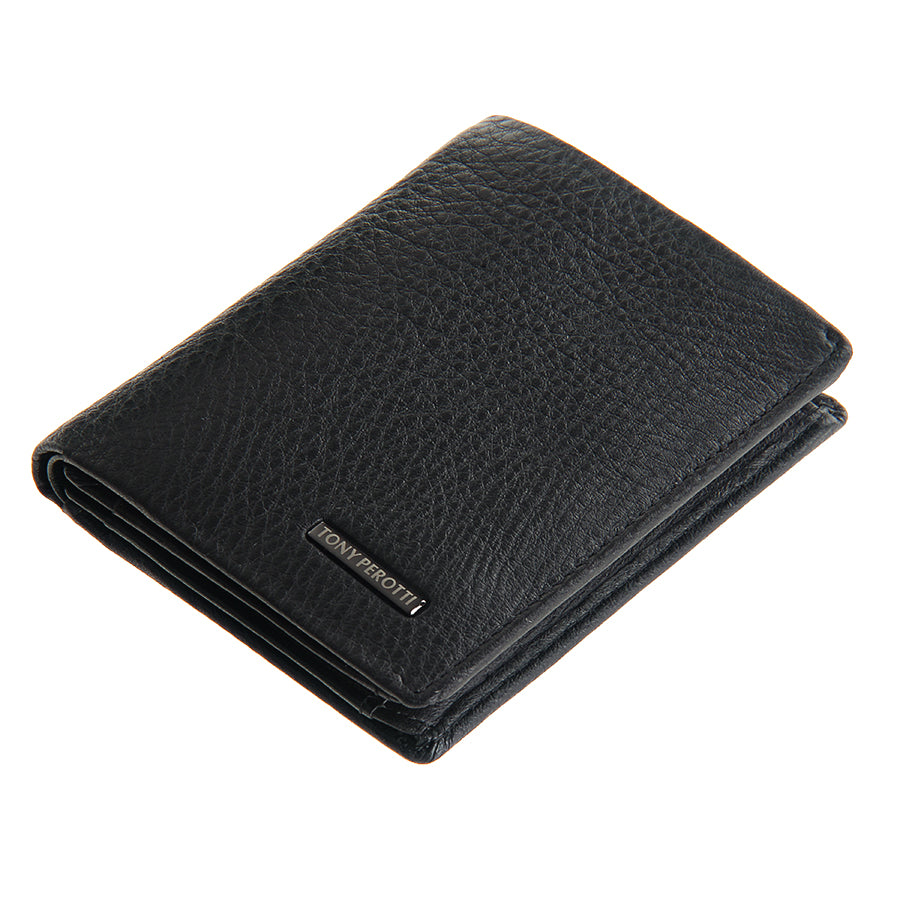 Black leather wallet with 'Tony Perotti' branding on a white background